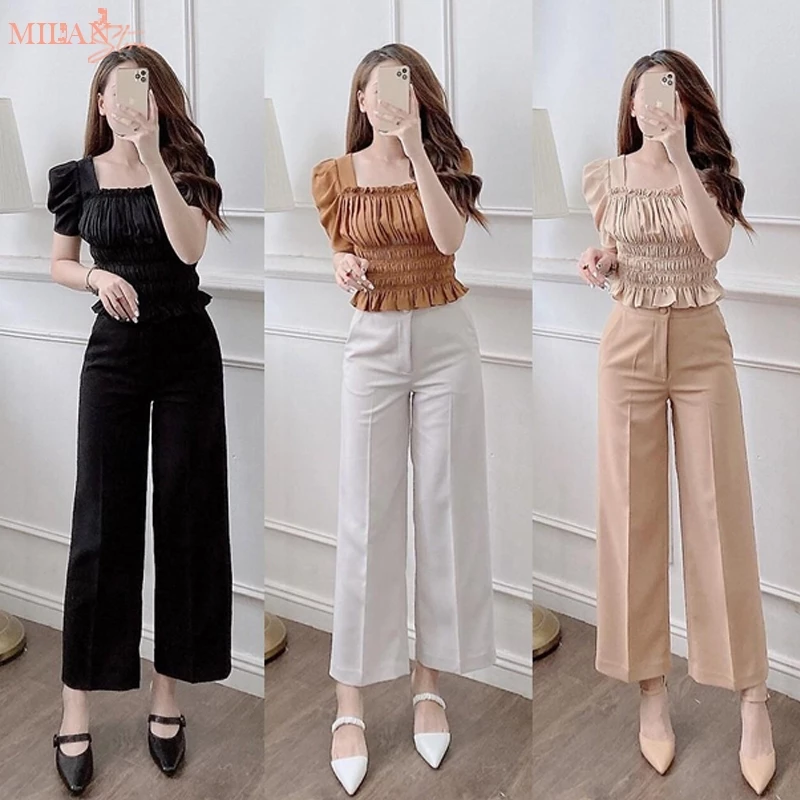(DÀI 88-95-100CM)Quần ống rộng công sở lưng cao M606 khóa trước kiểu quần tây ống suông nữ rộng cạp cao đi học