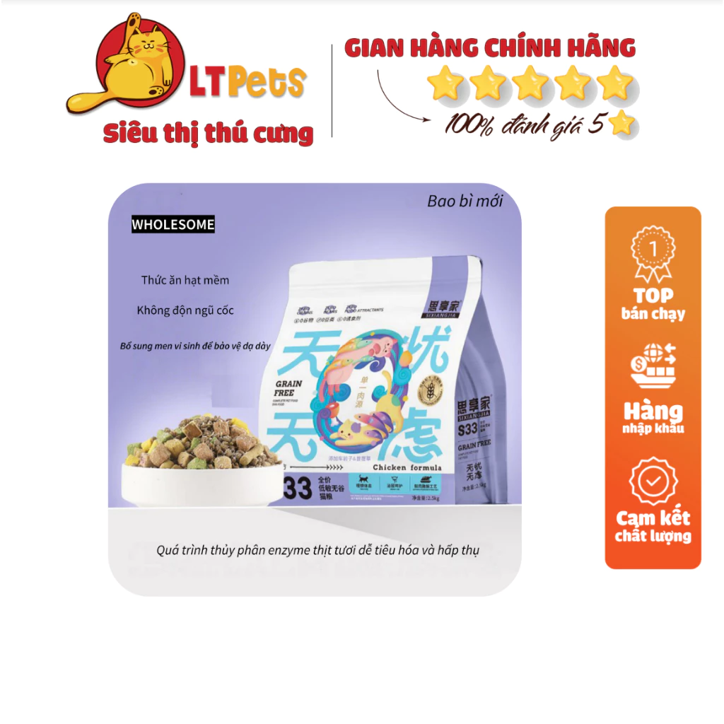 Thức ăn hạt mềm Grain free Đạm 36% cho mèo Thinker WHOLESOME tăng nọng và mượt lông cho mèo cưng LTPets
