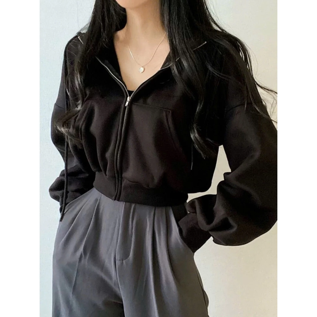 Áo khoác nỉ bông croptop( có túi trong) local brand hoodie zip dáng ngắn form rộng mũ to khoác thu đông freesize