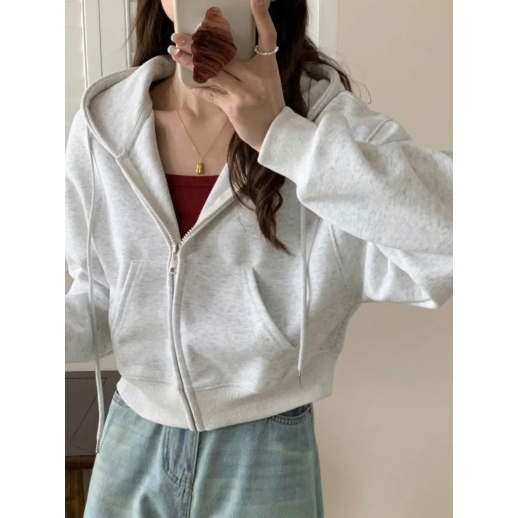 Áo Khoác Nỉ Croptop Mũ Siêu To, Áo Hoodie Zip Dày Dặn Form Rộng Hàn Quốc, Áo Dáng Ngắn Siêu Xinh Chất Nỉ Bông