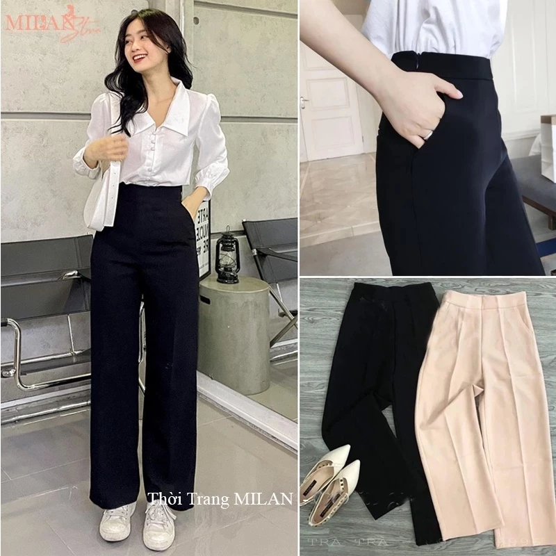 (DÀI 88-95CM)Quần ống rộng lưng cao khóa sườn hông đi học công sở dáng quần tây nữ lưng cao ống suông rộng dài vải dày