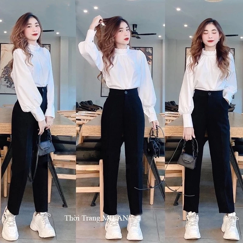 (DÀI 88-95-103CM)Quần tây đi học làm công sở nữ lưng cao ống đứng dáng dài - Quần baggy vải cạp cao màu đen dày dặn