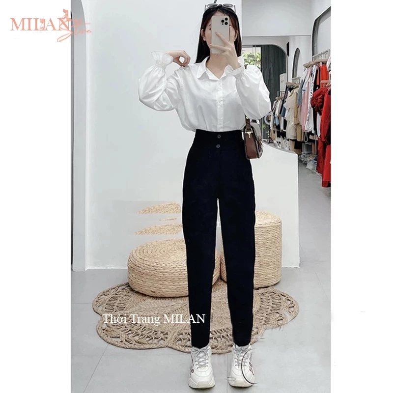 Quần tây cạp 2 nút lưng cao cho nữ học sinh đi học dáng quần baggy vải dài mềm nữ m50 m55 m60 m65