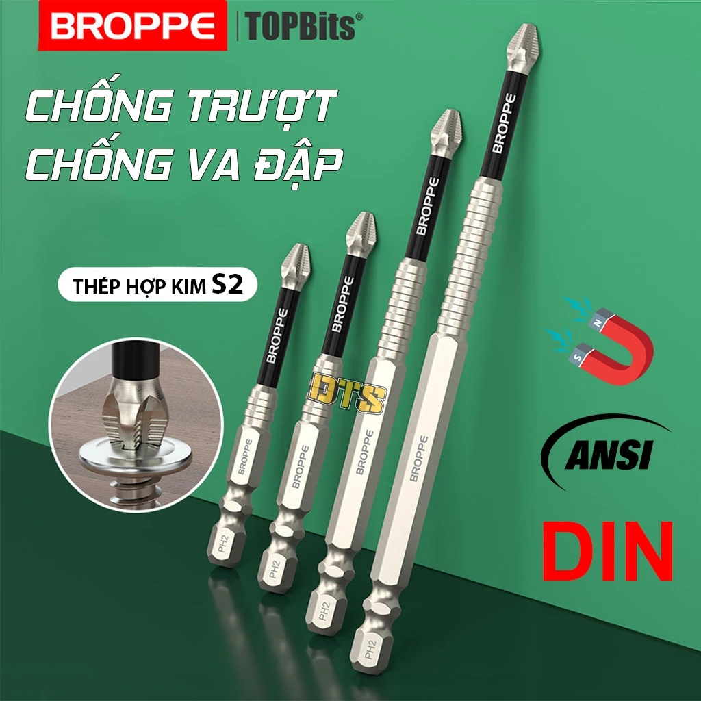 Mũi vít PH2 chống trượt TOPBits hãng BROPPE | Mũi bắn vít 1 đầu PH2 bake chữ thập từ tính, chân lục giác ngắn 6.35mm