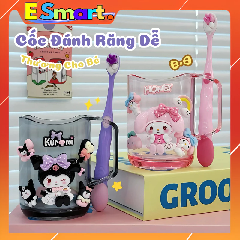 Cốc Súc Miệng Kèm Bàn Chải Đánh Răng Cao Cấp, Hình Kuromi, Thỏ Melody, Phi Hành Gia, Lông Bàn Chải Mềm An Toàn Cho Bé