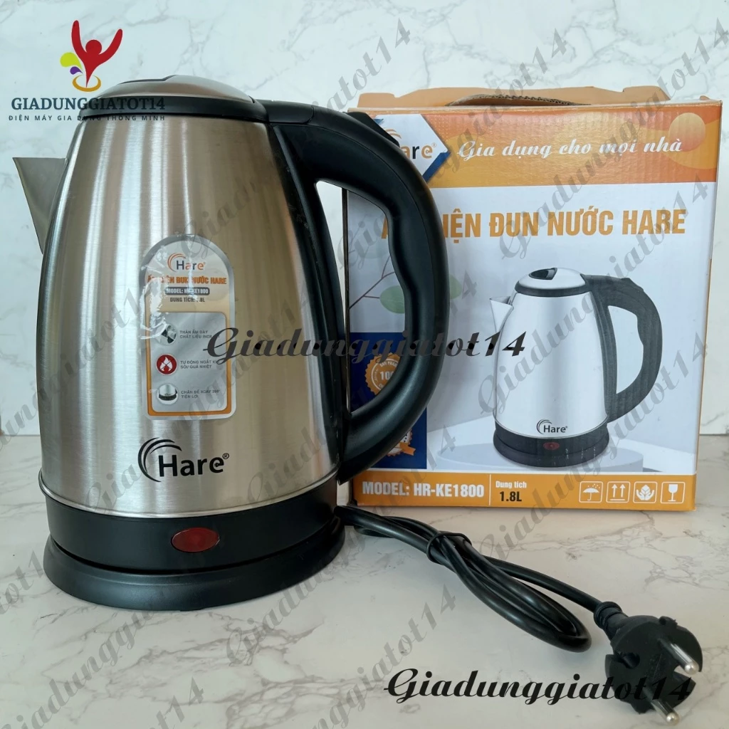 Ấm đun siêu tốc inox HARE HR-KE1800KE1800 dung tích 1.8 Lít, Công suất 1500W- Bảo hành 12 tháng