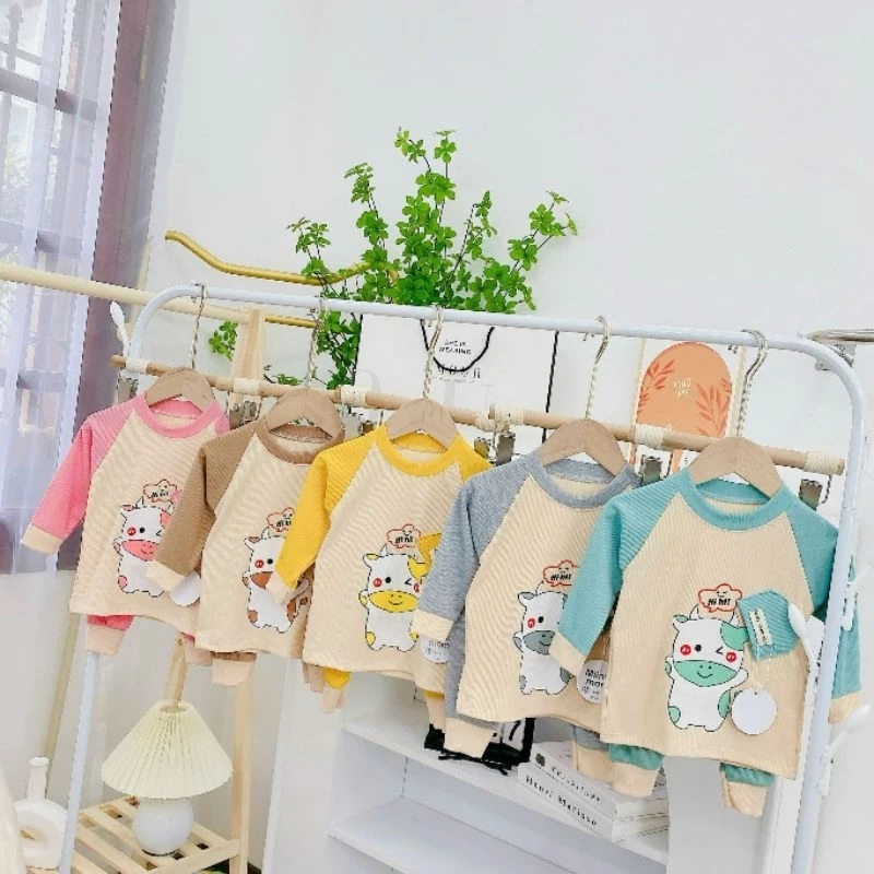 (Bé 5-15kg) Bộ thun tăm lạnh cho bé hoạ tiết ngộ nghĩnh, Bộ thun tăm dài tay cho bé