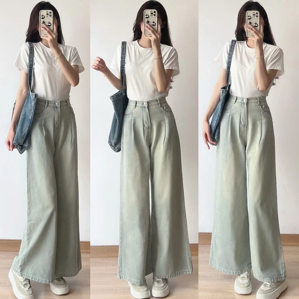 Quần jean xuông ly trước ống rộng màu xanh nhạt - 247Store