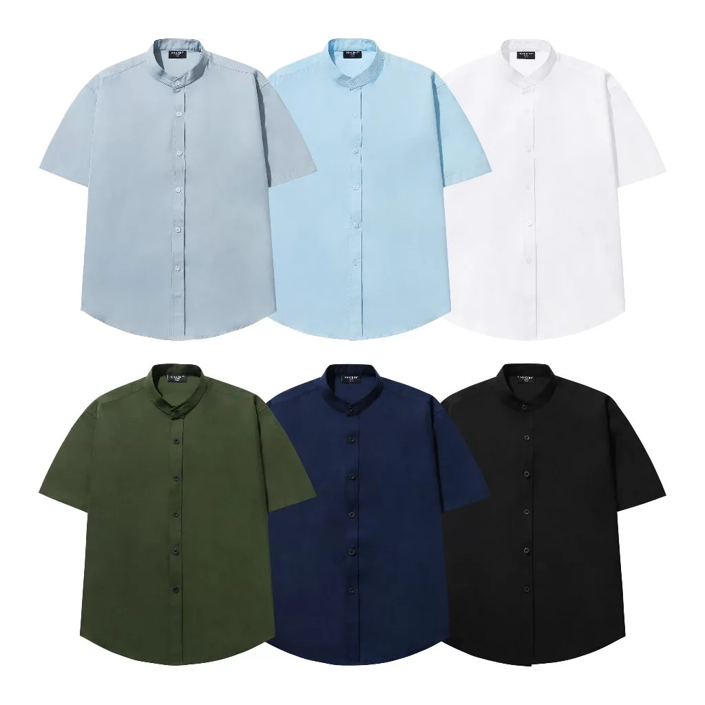 Áo Sơ Mi Tay Ngắn Cổ Tàu Chất Vải Lụa Chéo Unisex Phom Oversize