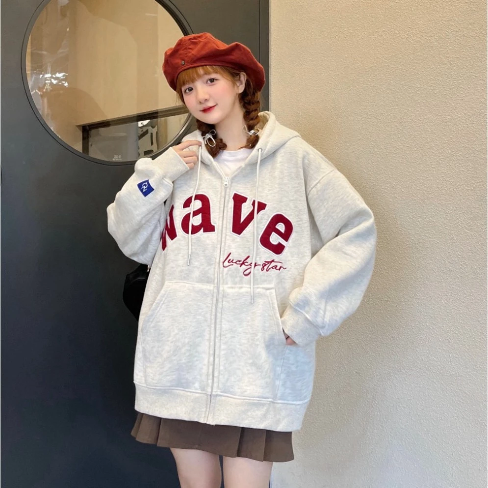 Áo khoác nữ form rộng hoodie zip WAVE, áo hoodie nữ khoác ngoài kéo khóa zip nỉ bông hàn quốc unisex 2024