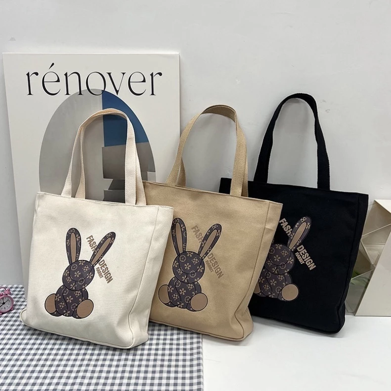 【Hwang】Túi Tote Đeo Vai Vải Canvas Họa Tiết Thỏ Hoạt Hình Đi chơi phong cách Sang Chảnh - Balo du lịch cỡ lớn sang trọng