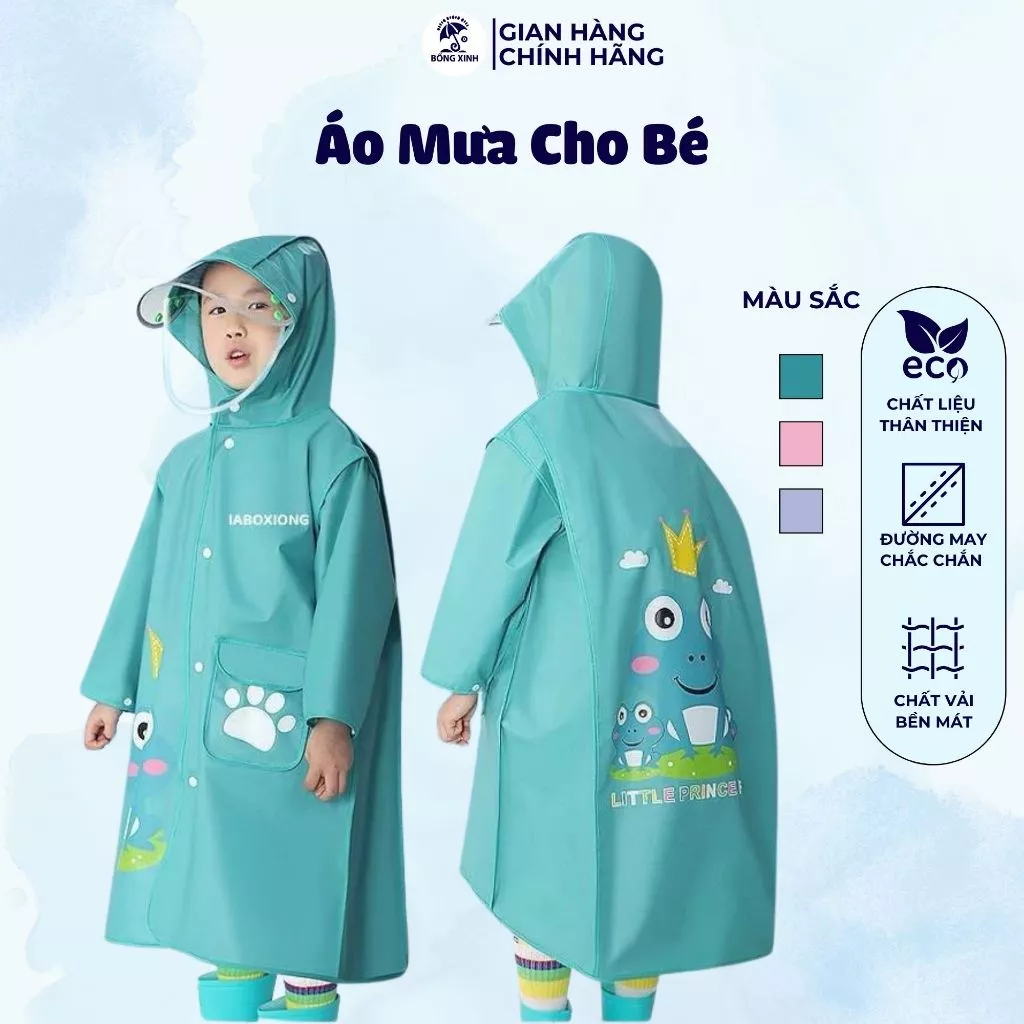 Áo mưa cho bé 6-13 tuổi cao cấp có tấm chắn, kiểu rộng đeo được ba lô, chất liệu an toàn cho bé, họa tiết đáng yêu