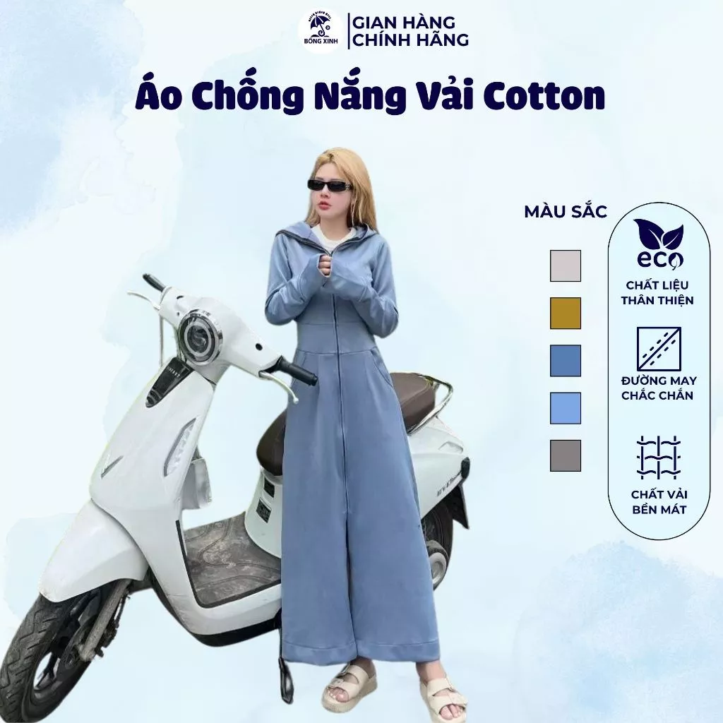 Áo Chống Nắng Nữ Toàn Thân Vải Cotton 2 lớp dáng cao, vải dày dặn thông thoáng