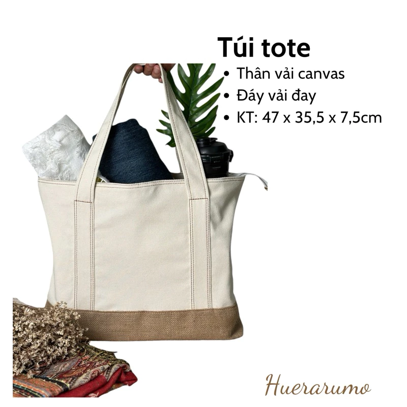 Túi tote 2 thân canvas và đáy vải đay 2 lớp HUERARUMO có khóa kéo-CAVA02. Kích thước Dài 47cm x Rộng 7,5cm x Cao 35,5cm