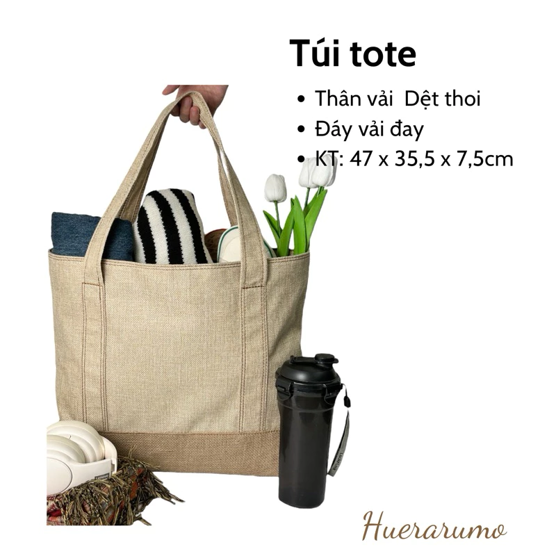 Túi tote 2 thân dệt thoi và vải đay 2 lớp HUERARUMO có khóa kéo - DET02. Kích thước Dài 47cm x Rộng 7,5cm x Cao 35,5cm