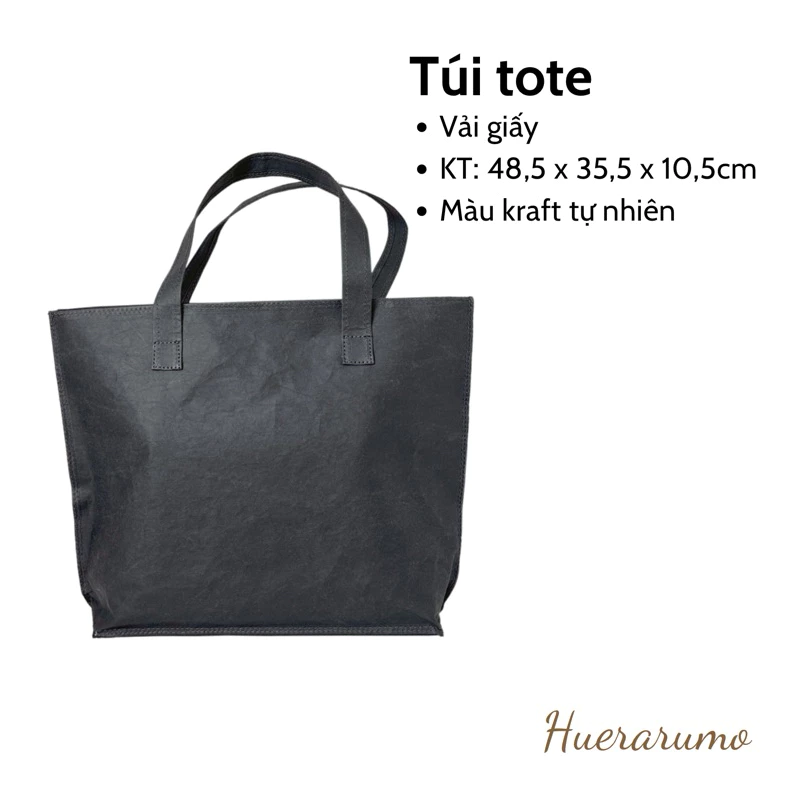 Túi tote 2 lớp HUERARUMO vải giấy giặt được có khóa kéo, màu đen-PAW01. Kích thước Dài 48cm x Rộng 10cm x Cao 35,5cm