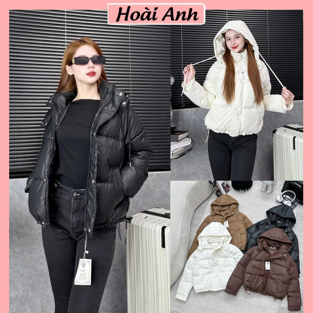 Áo Phao Nữ Da Ép MiuMiu Có Mũ Dây Rút Gấu Áo Khoác Phao Béo Nhẹ 2 Túi Freesize