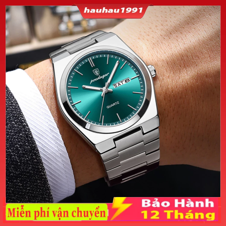 Đồng hồ nam Poedagar 930 PRX chính hãng có lịch thứ, dây thép không gỉ, chống nước, tặng kèm vòng tỳ hưu và pin