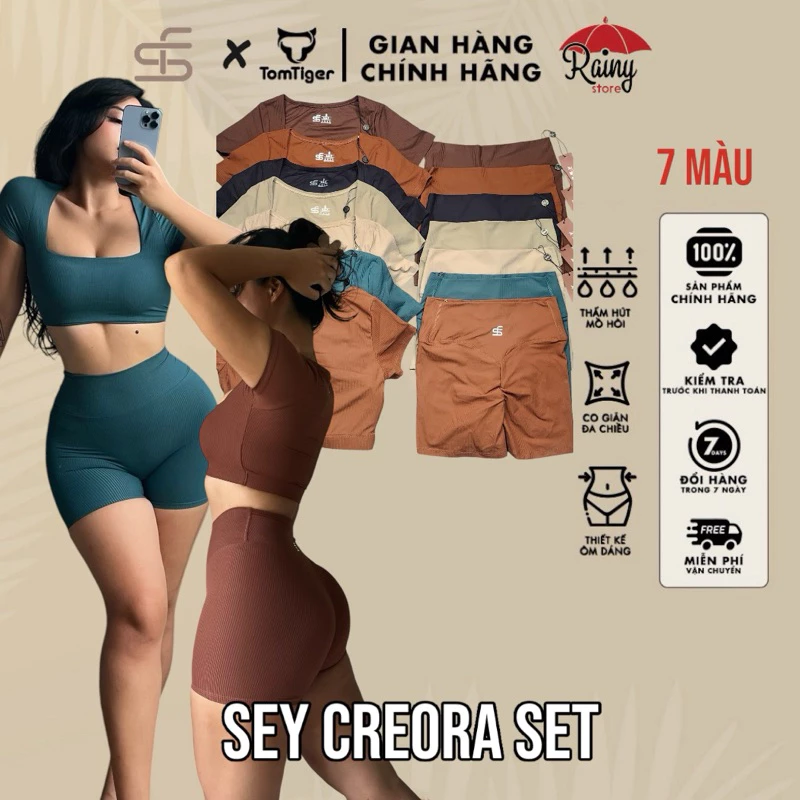 [ CHÍNH HÃNG BỘ S/M ] SEY CREORA - THUN DỆT TĂM- Bộ Đồ Tập Gym Quần Đùi Áo Cộc Tay Có Mút Đệm Sẵn- Rainy Store