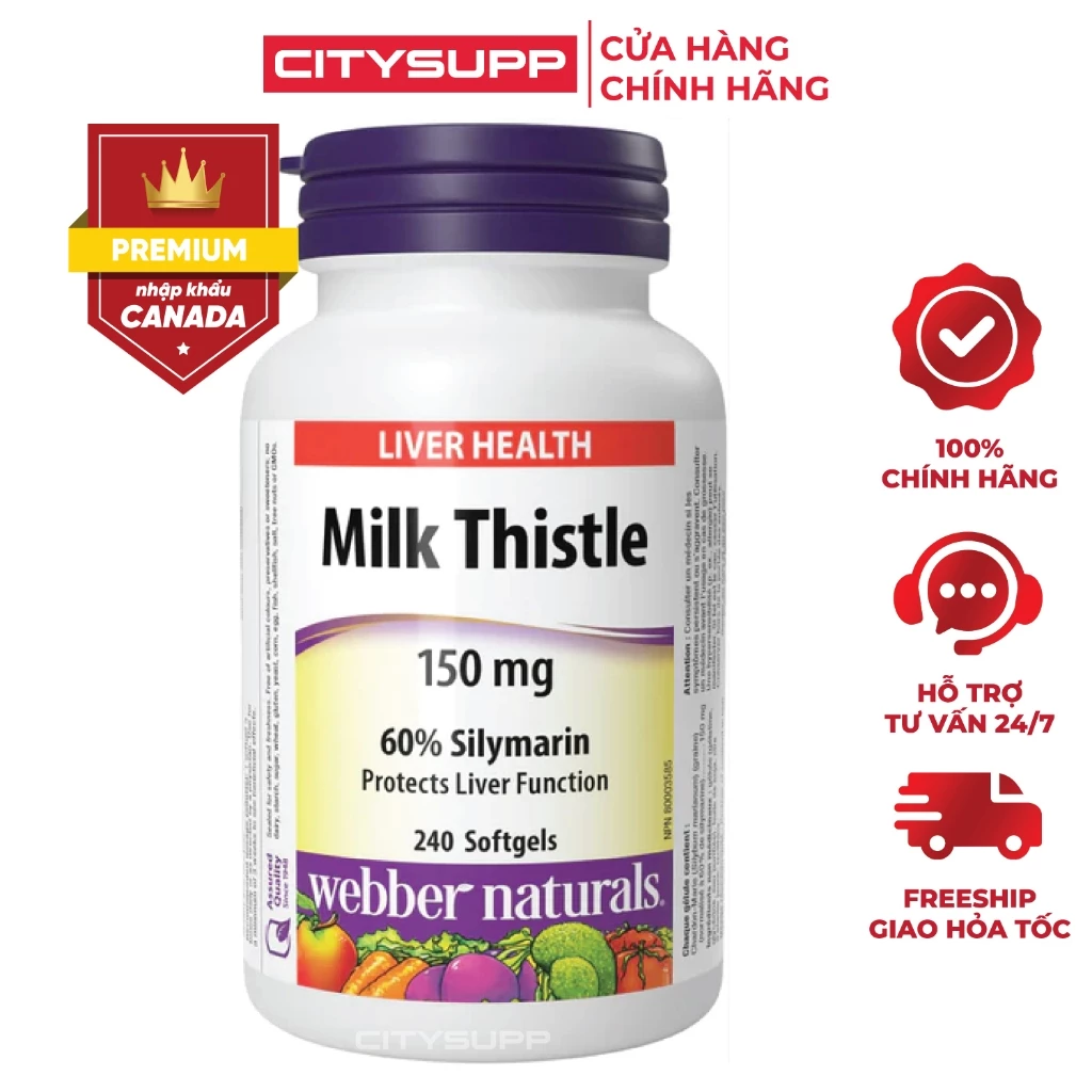 Viên uống hỗ trợ thải độc và bảo vệ gan Milk Thistle 150mg WEBBER NATURALS Hộp 240 viên