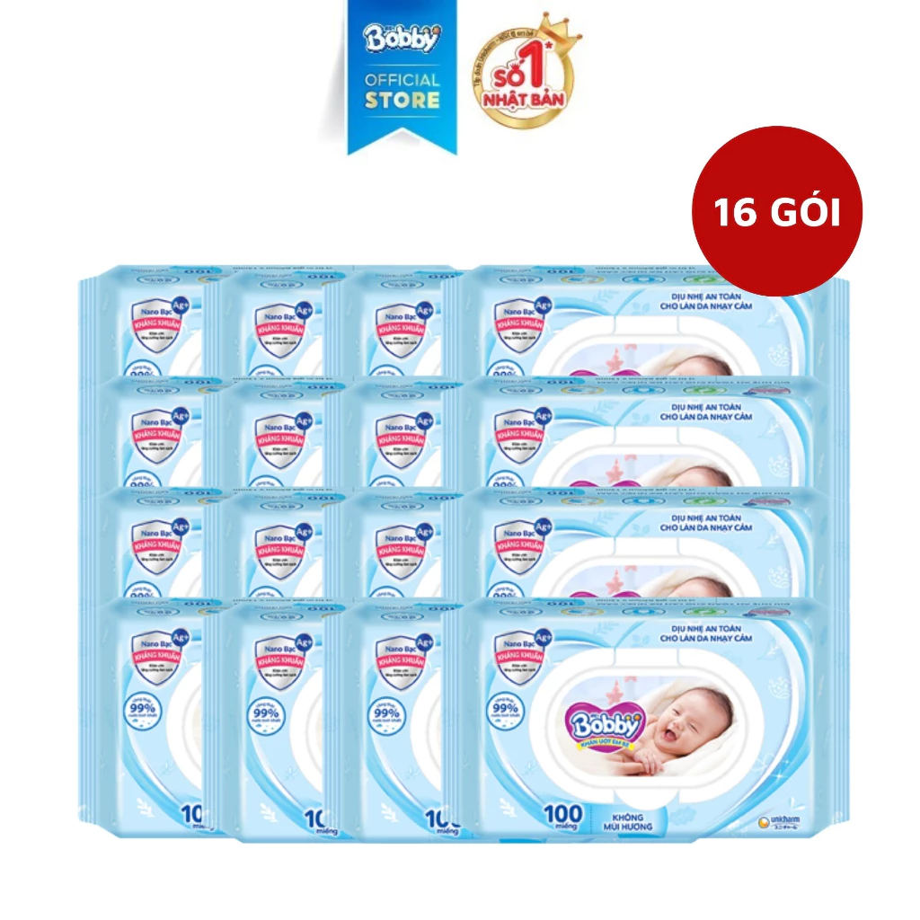[KOL] Thùng 16 Gói Khăn ướt Bobby không mùi 100 miếng/gói (Xanh)