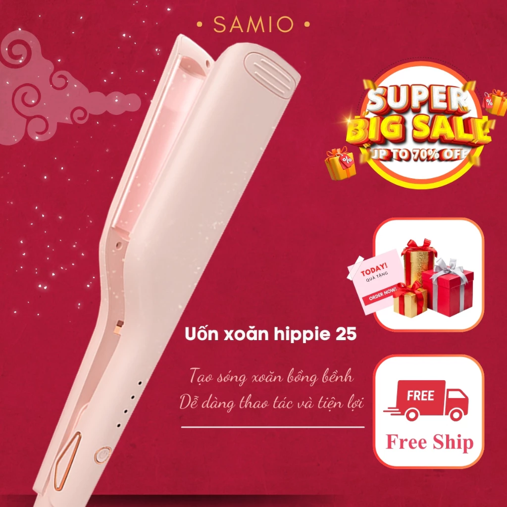 Máy Uốn Tóc Xoăn Sóng Nước Hippie 25mm Thiết Kế Cao Cấp, Máy Dập Xoăn Sóng Lơi Chất Liệu Gốm Sứ Ion Âm - SAMIO