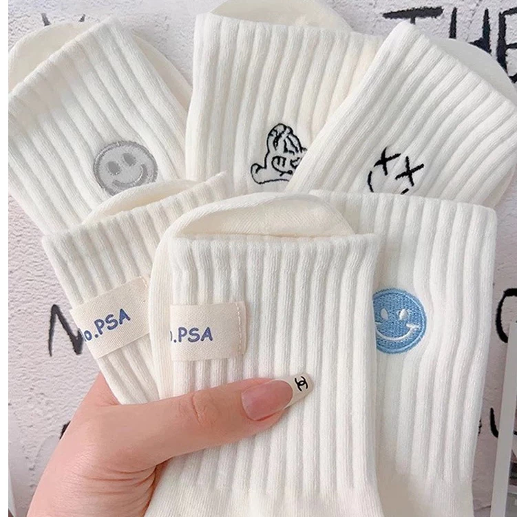 Set 5 Đôi Tất Cotton Unisex NAm Nữ Cổ CaoTone Trắng Thêu Hình Mặt Cười Xanh tt54