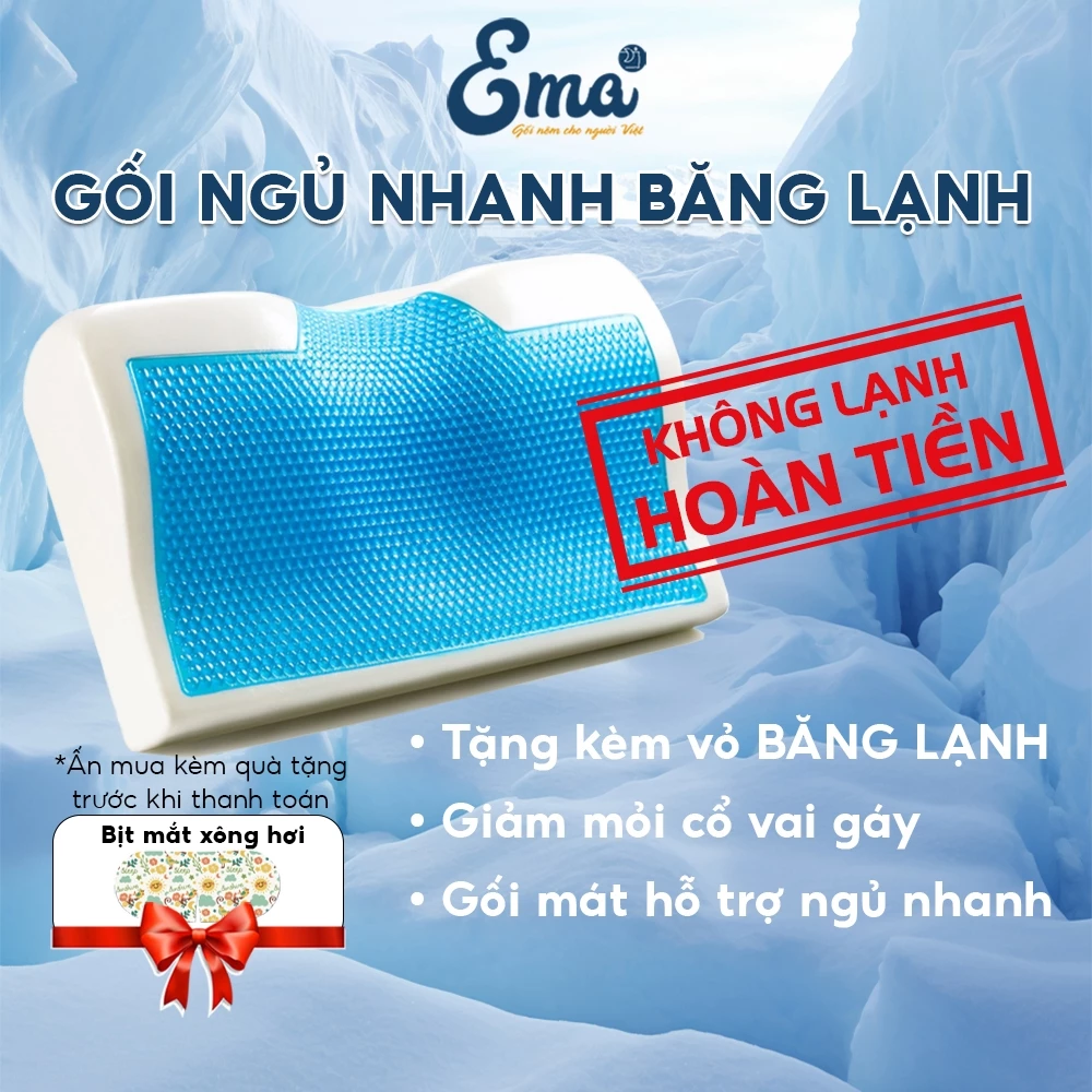 Gối ngủ nhanh siêu mát EMA ruột cao su non gel lạnh tặng kèm vỏ gối không mát hoàn tiền