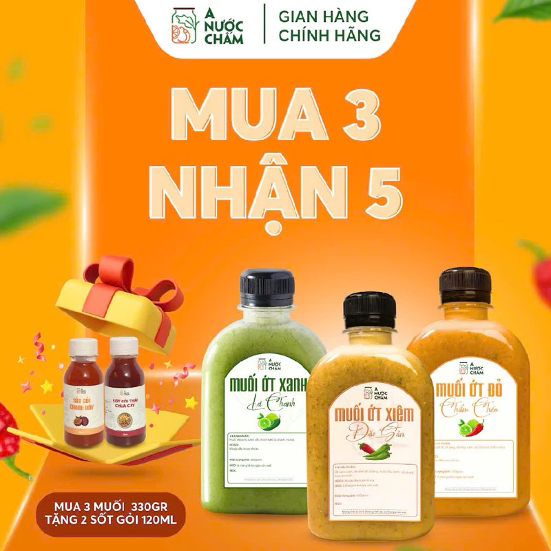 Combo 5 Chai Muối chấm và sốt trộn gỏi [3 chai muối chấm lớn + 2 sốt gỏi nho] A Nước Chấm