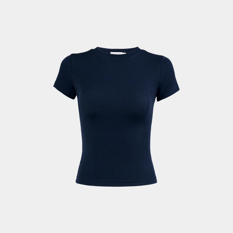 ( FORM NHỎ) Áo thun gân trơn xanh navy, cổ tròn đơn giản ôm sát co giãn ít NAVY BLUE| BAHCHIC