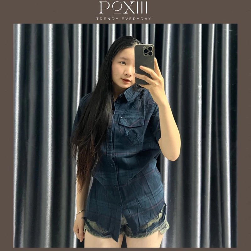 Áo Sơ Mi Kẻ Xanh Lục Wash Rách Phong Cách Form Chuẩn - Áo Sơ Mi Nam Nữ Phối Vải Kẻ Dày Dặn