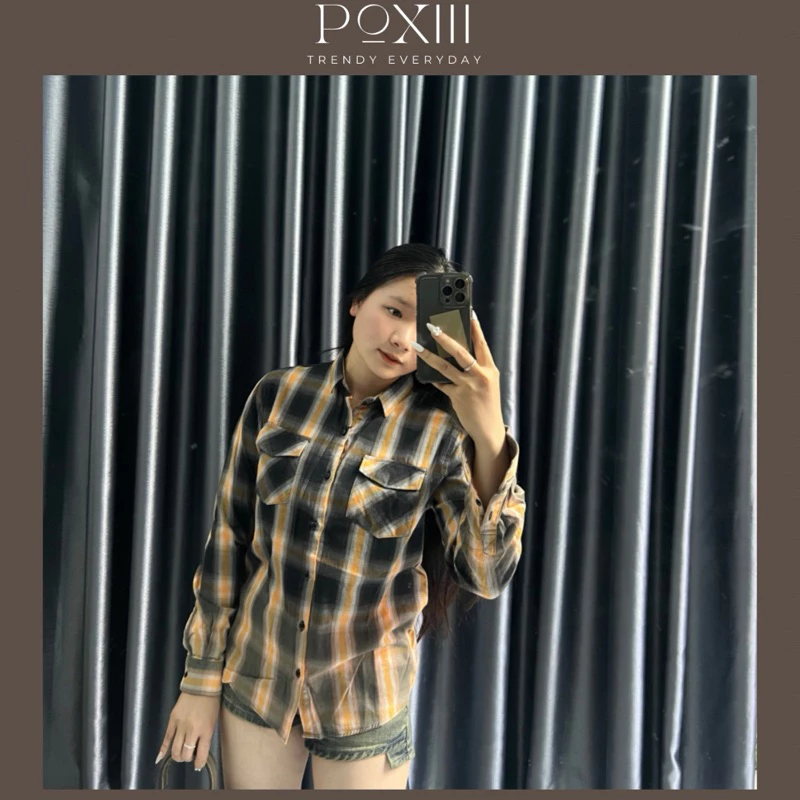 Áo Sơ Mi Dài Tay Kẻ Đen Phối Vàng Túi Nắp Hai Bên - Áo Sơ Mi Nam Nữ Phối Vải Kẻ Hai Màu Dày Dặn