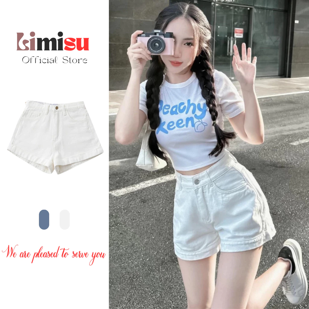 Quần short jean nữ cạp cao ống rộng LIMISU quần short bò nữ basic jeans mềm cao cấp