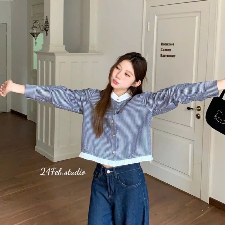 Áo sơ mi kẻ sọc cổ đức dài tay dáng lỡ phong cách basic Hàn Quốc 24Feb Studio AKN0005
