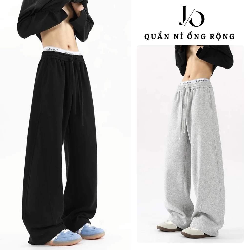 Quần Nỉ Nam Xám Đen CẠP CHUN Dây Rút Ống Rộng Chất Nỉ Da Cá 2 Lớp Unisex Form Đứng Dáng Dài BIGSIZE