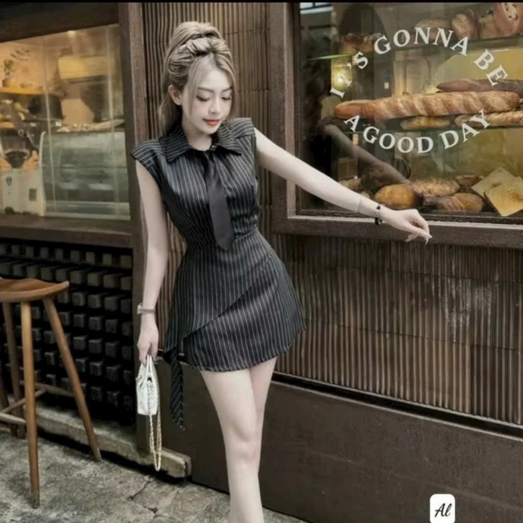 Đầm Kẻ Sọc Đi Tiệc, Đầm Váy Cổ Sơ Mi Thiết Kế Kèm Cà Vạt Sang Chảnh Cho Nàng Đi Tiệc, Đi Chơi Đều Đẹp- XM Minh Phúc