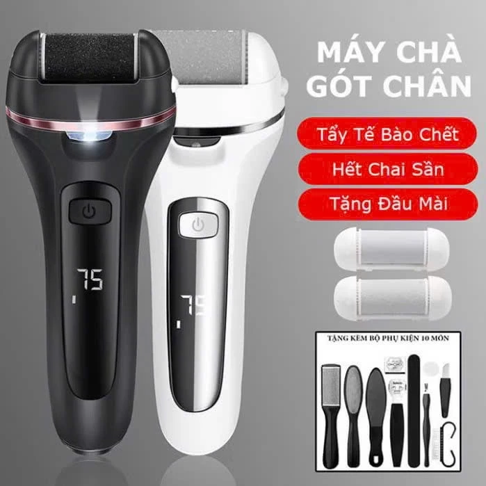 Máy chà gót chân tẩy tế bào chết 3 đầu mài 2 chế độ cao cấp, máy mài gót chân đa năng tặng kèm bộ phụ kiện 10 món