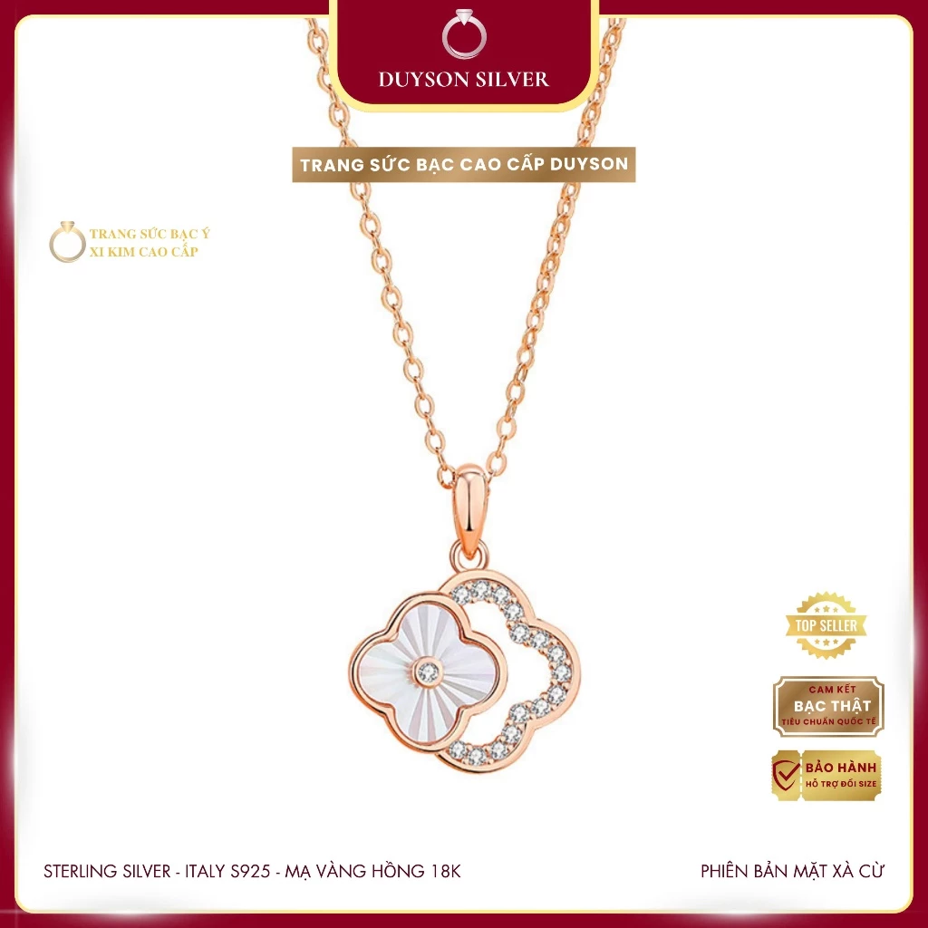 Dây chuyền bạc Ý mạ vàng hồng 18K Duyson Silver, Vòng cổ cỏ 4 lá đính khảm xà cừ cao cấp sang trọng