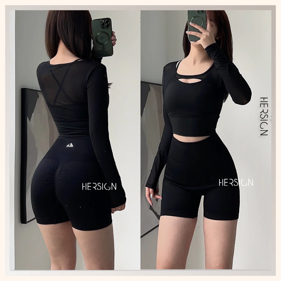 Set đồ tập gym Áo tay dài quần đùi nữ Đồ tập yoga nữ Quần áo chạy bộ tennis HERSIGN-SMIXC28N12 BST HERSIGN OPEN AIR