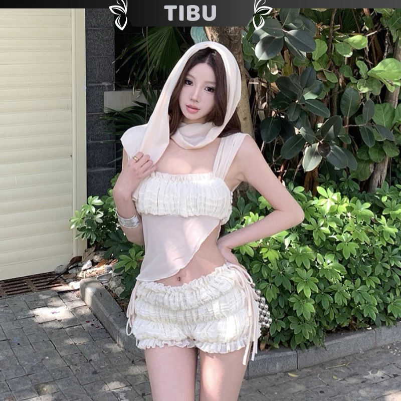 Set Áo Croptop Xéo Tà TRẮNG Phối Quần Nhún Phồng Bí TIBU Set Đồ Nữ Trắng Hai Dây Sang Chảnh Đi Chơi Biển B292