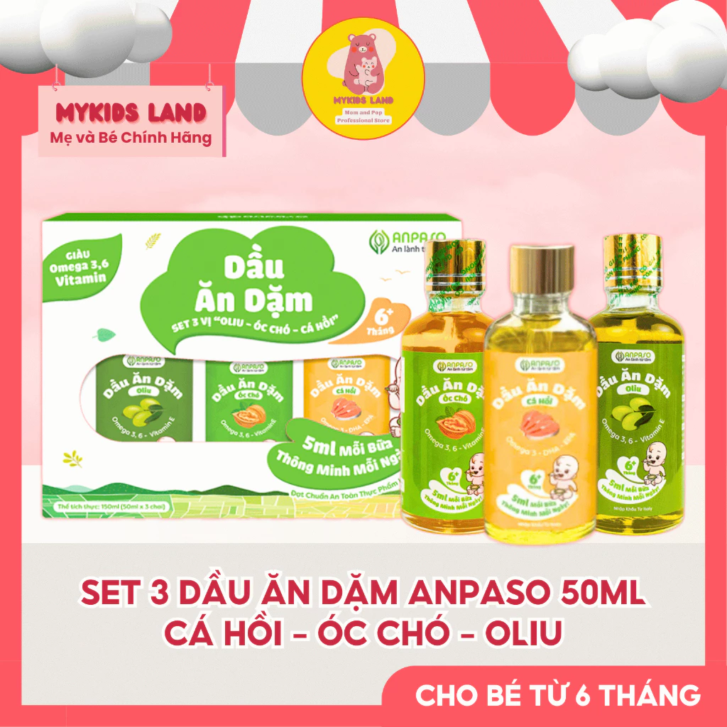 Set 3 Dầu Ăn Dặm ANPASO 150ml - Dầu Cá Hồi - Óc Chó - Oliu ANPASO - An Toàn Cho Bé Từ 6 Tháng
