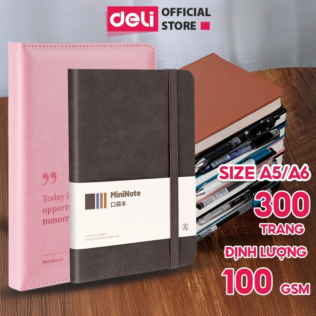 Sổ Da A5/A6/A7 Sổ Tay Bìa Da Kẻ Ngang Deli - 300 Trang Giấy Dày Chất Lượng Chống Nước Quà Tặng Sang Trọng