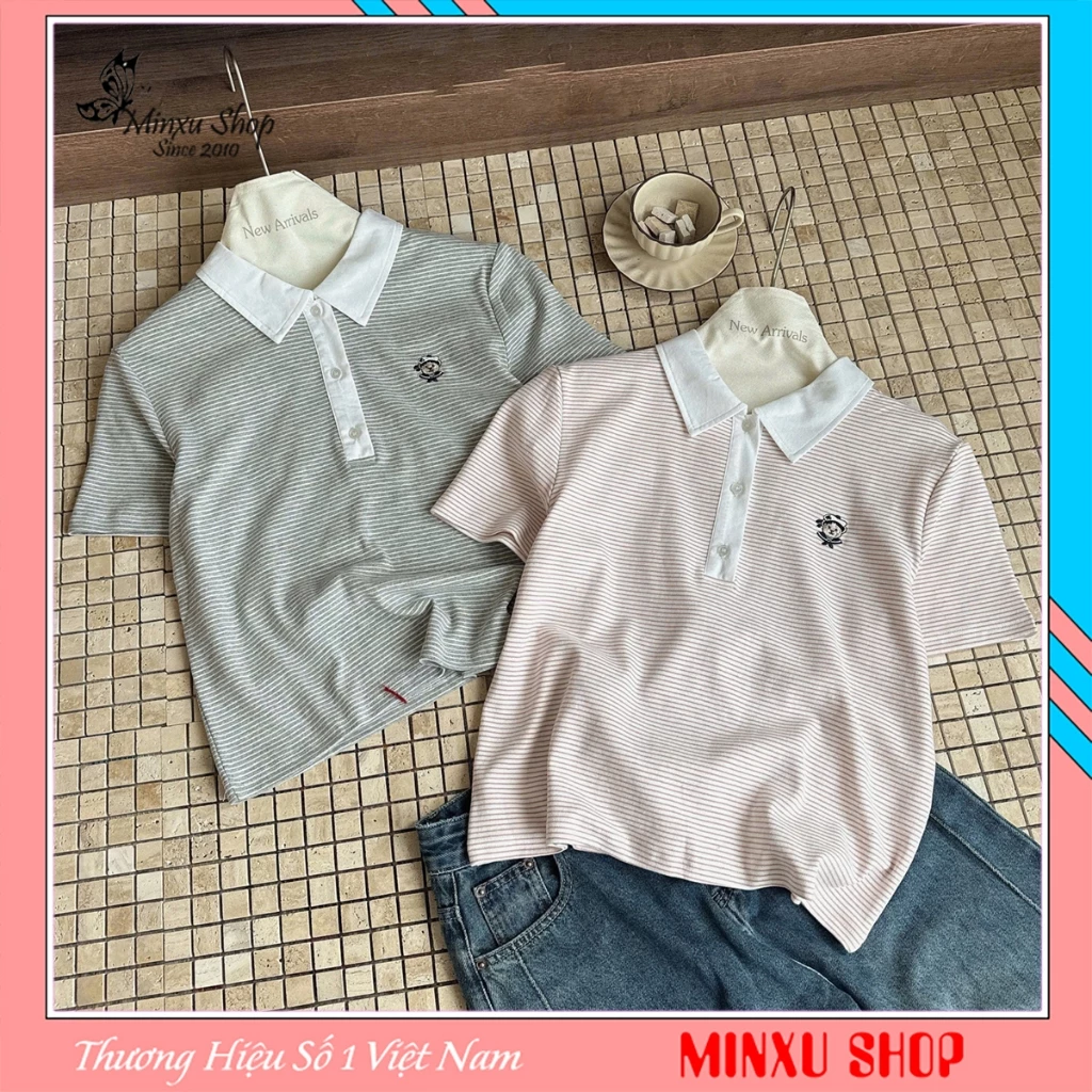 Áo PoLo Nữ Kẻ Sọc Thêu Gấu, Phối Cổ Bẻ Trắng, Hàng QC Chất Cotton Lì Mềm Mát Minxu Shop POLO19