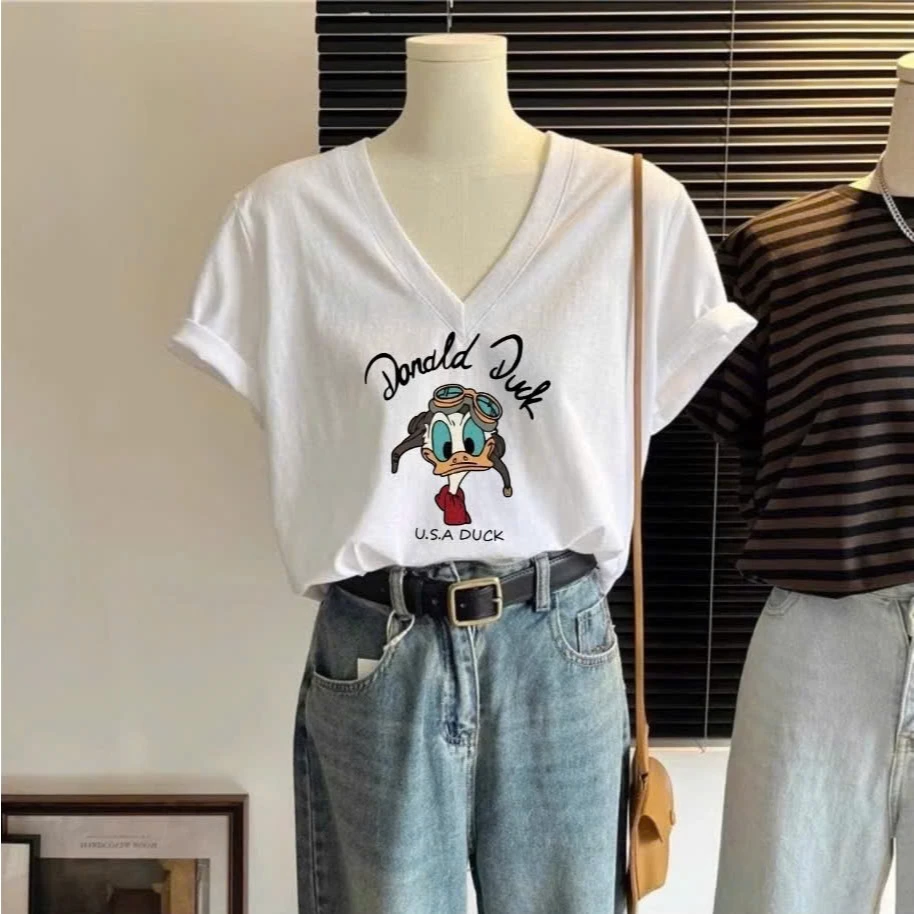 Áo thun nữ Cổ tim Chất Cotton ALICEVN, Áo thun cổ V in hình mùa hè 2025, Chất Cotton dày dặn mát mẻ