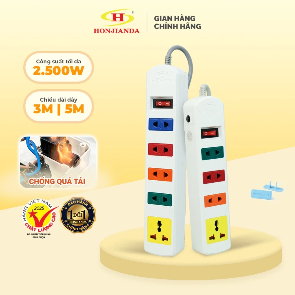 Ổ Cắm Điện Đa Năng Honjianda Mã 03 Dây 3m/5m - an toàn chống quá tải
