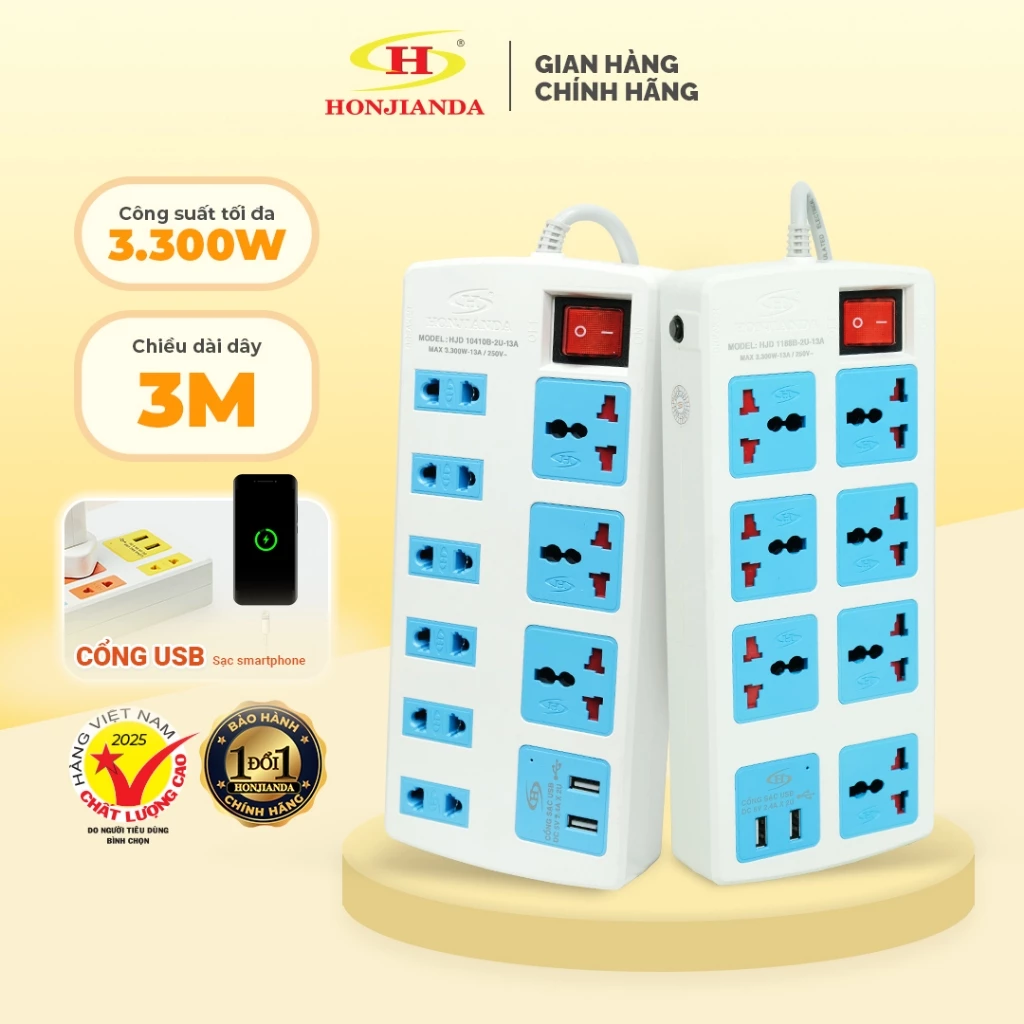 Ổ Cắm Điện Đa Năng Honjianda Mã 10/11 3300W dây dài 3 mét - cầu chì chống quá tải chịu nhiệt tốt