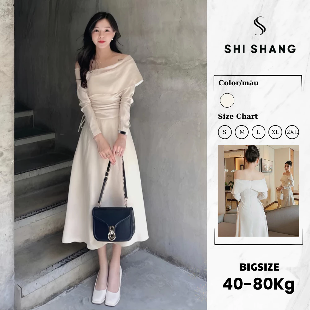 Váy Thiết Kế BIGSIZE, Đầm Nữ Dáng Dài Trễ Vai Nhún Eo Chống Nhăn Tôn Dáng Shi Shang