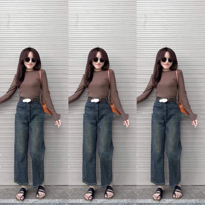 Quần jean nữ ống đứng kiểu basic trẻ trung mài nhạt, Quần bò nữ túi cải ống rộng phong cách uzzlang