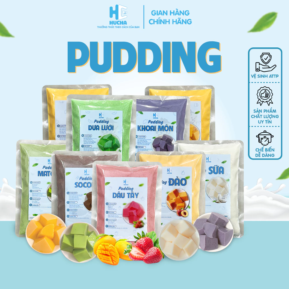 Bột pudding gói 100g vị trứng, socola, khoai môn, dưa lưới, matcha, dâu, sữa, đào, xoài - nguyên liệu Hucha