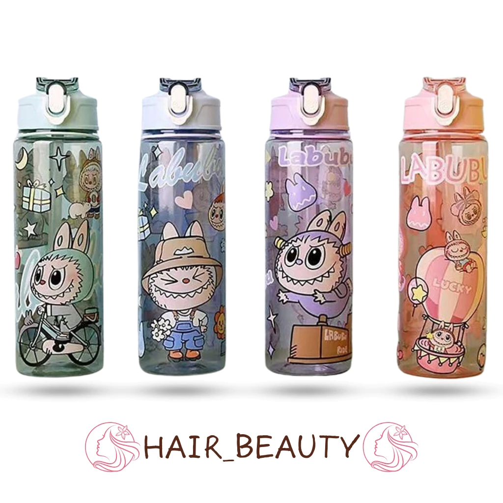 Chai đựng nước Labubu trong suốt 800ml hoạ tiết hoạt hình dễ thương kèm dây đeo